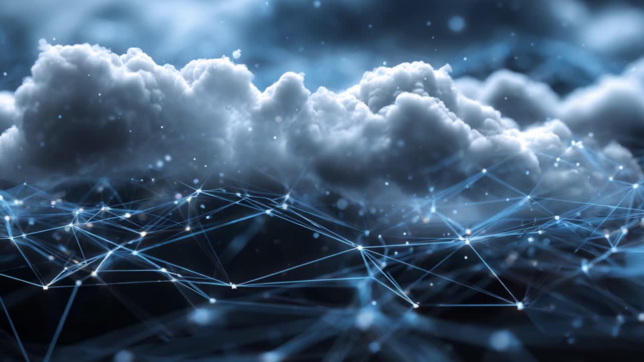 A stunning visual of dynamic clouds intertwined with a network of luminous connections, evoking the essence of technology and nature's interplay in a digital landscape