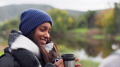 nature, coffee cheers or happy couple camping