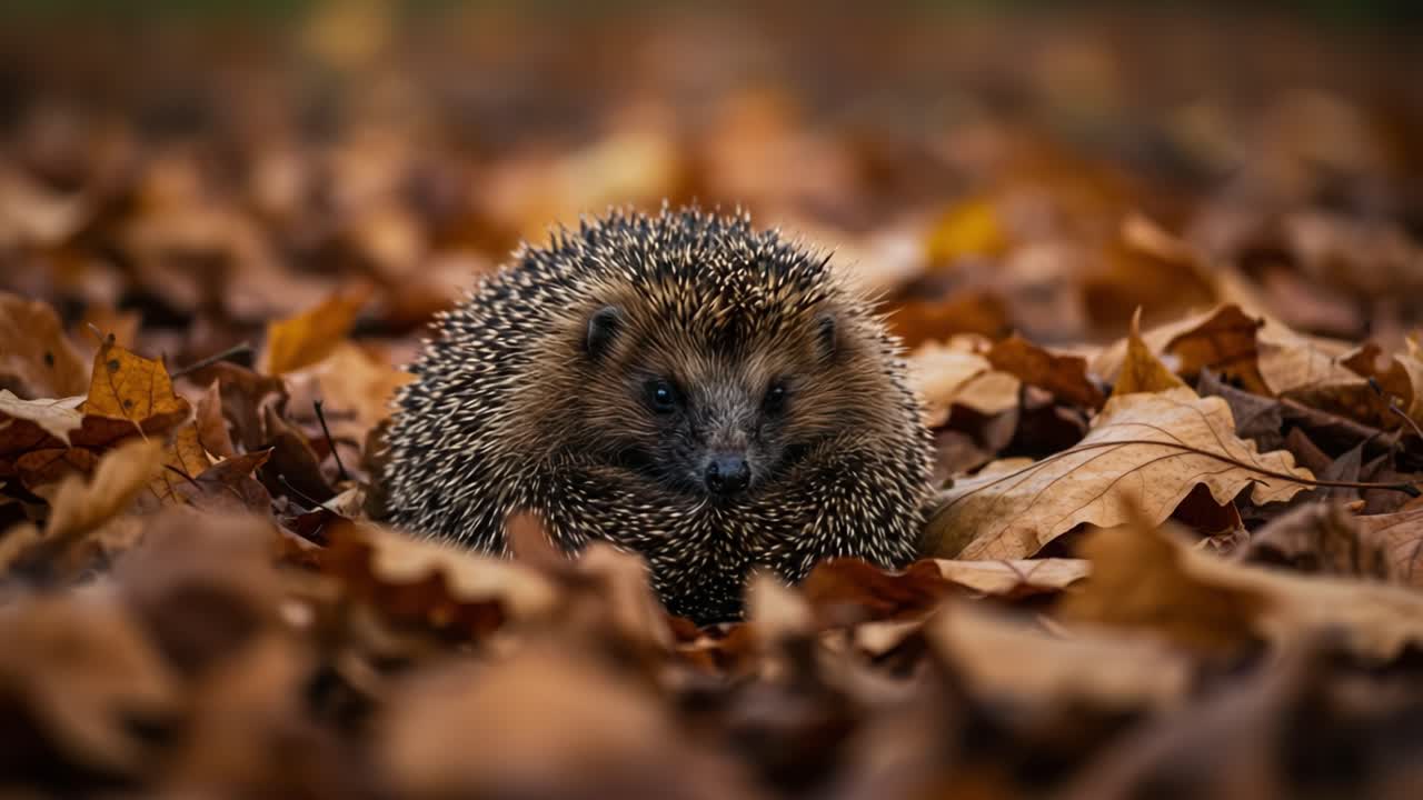 Un riccio attraversa un tappeto di foglie autunnali, mostrando i suoi aculei distintivi e il suo habitat naturale in un incantevole scenario autunnale