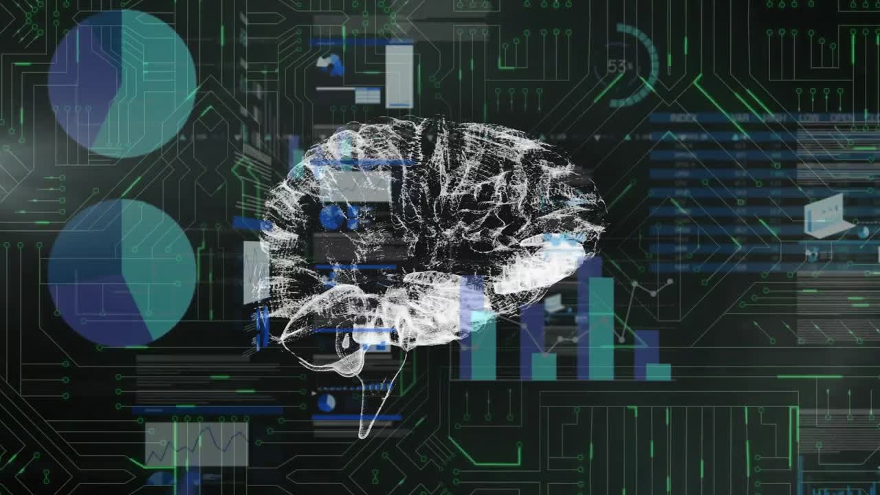 Animation of digital screen with data, graphs and brain