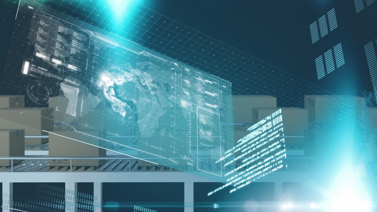 Digital interface with data processing over multiple boxes on conveyor belt against blue background