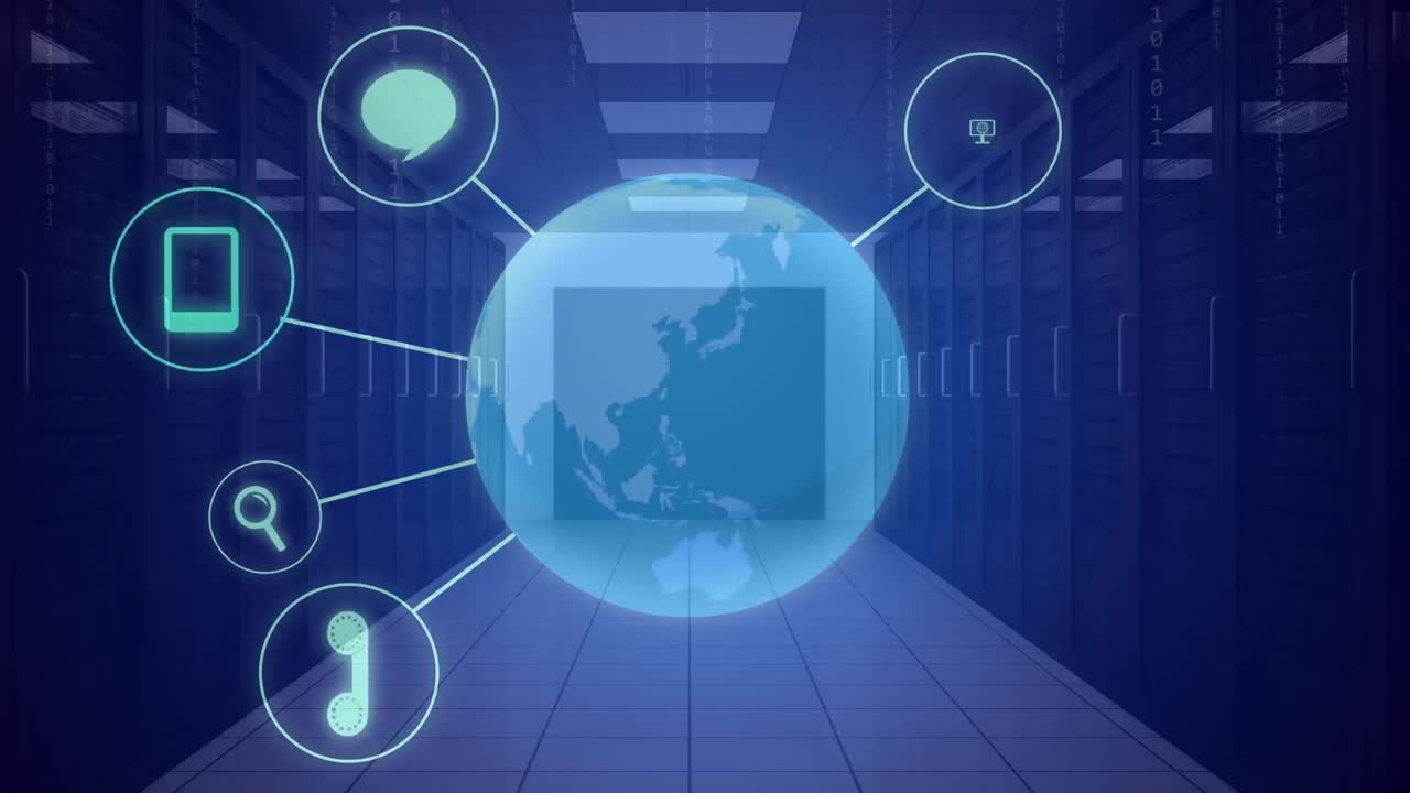 Animation of globe with icons and data processing over computer servers
