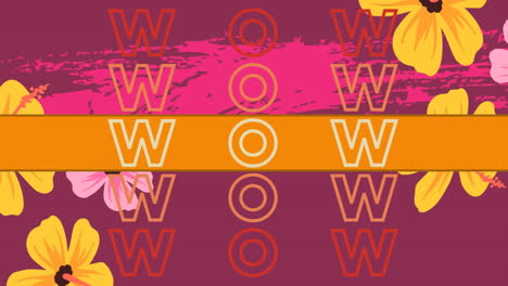 animation of wow over colorful graphics and flowers