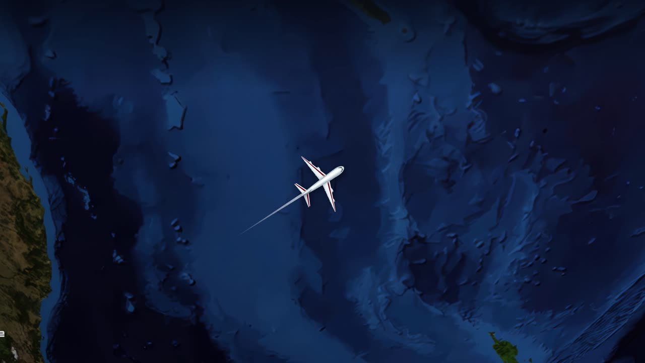Satellitvisningsanimation sporer et kommercielt fly, der flyver over Stillehavet mellem to byer.