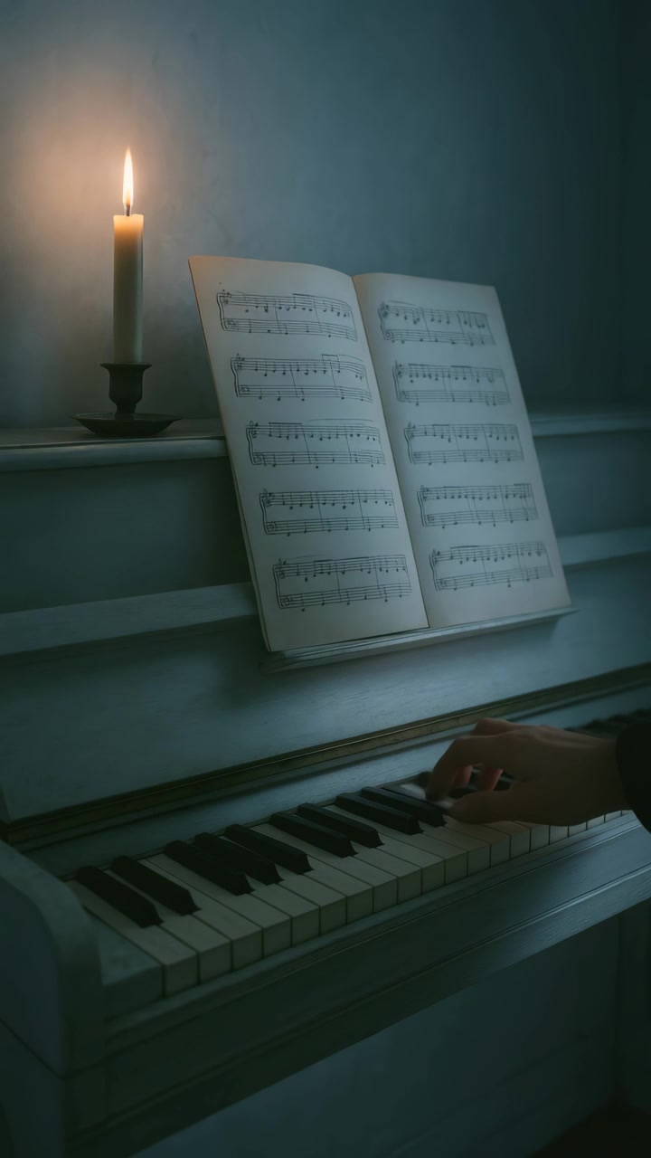 Close-up of Hand Playing Piano with Candle and Sheet Music