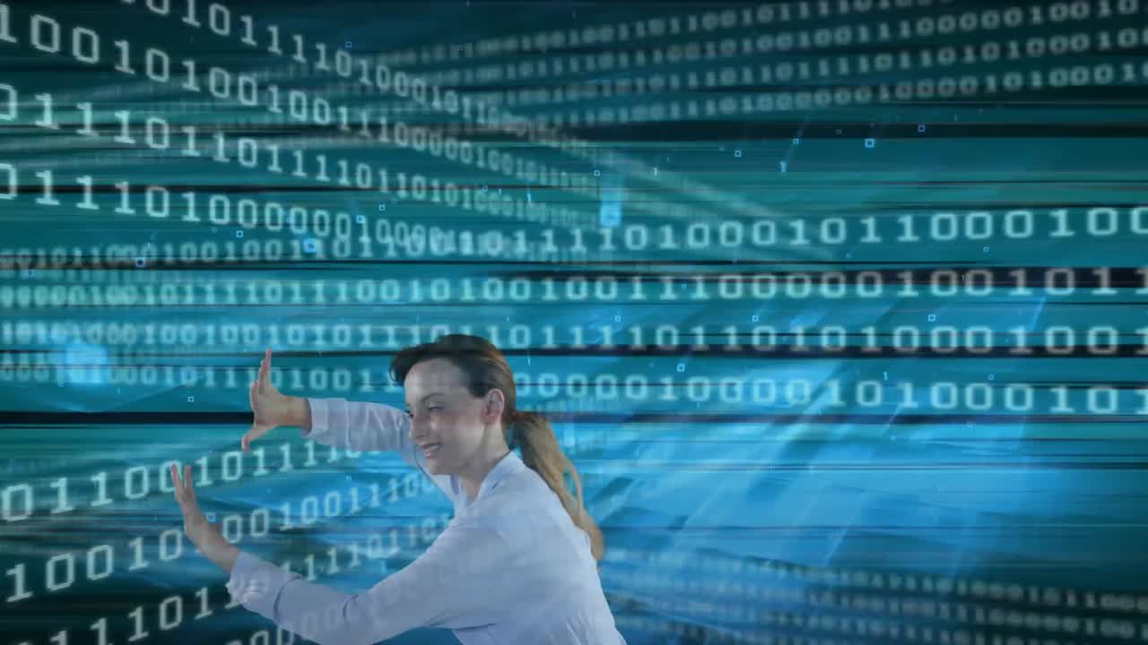 animación de una mujer caucásica y tocando una pantalla 3d con datos flotantes en fondo azul