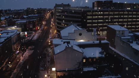 winter snow at night in urban city