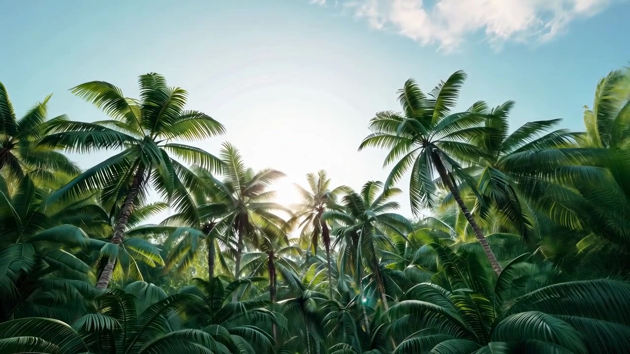 Brillantes rayos de sol a través de un denso dosel de palmeras tropicales
