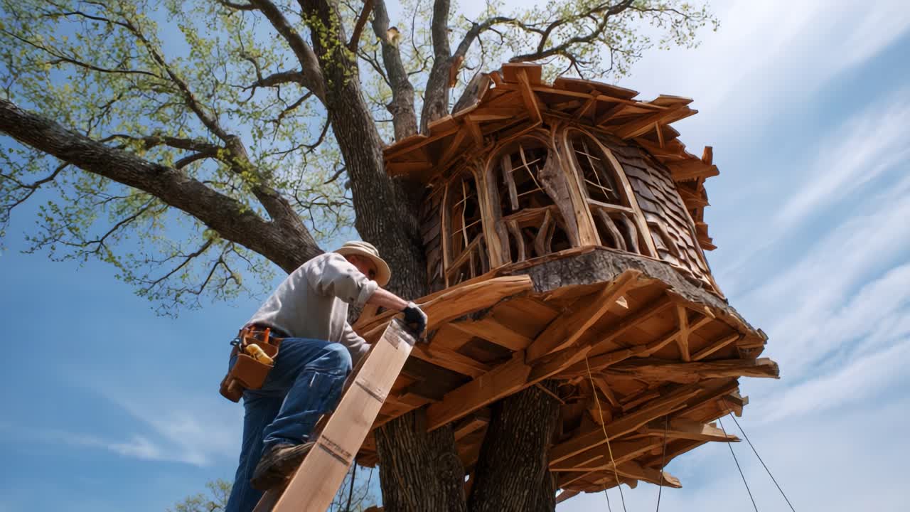 Skilled Craftsman Constructs a Unique Treehouse: A Captivating Journey Through Detailed Woodwork and Design in an Enchanting Outdoor Setting