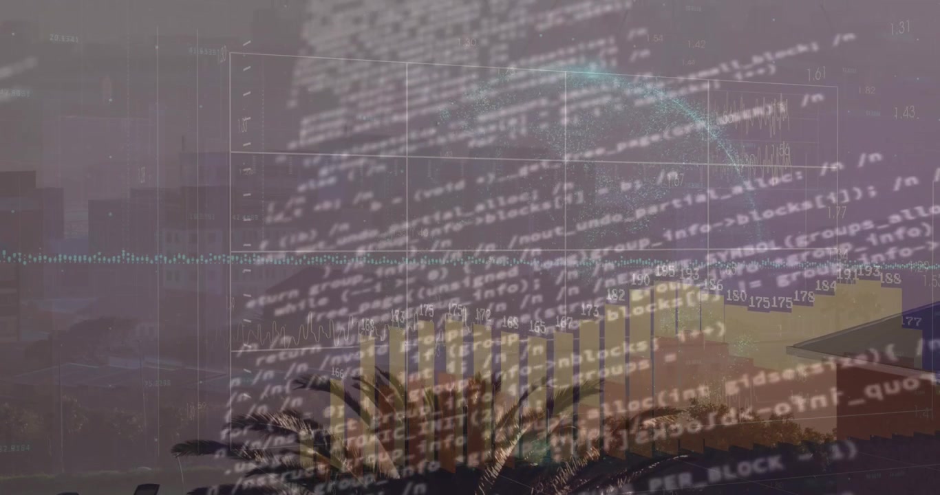 Animasi pemrosesan data statistik di atas globe yang berputar dengan latar belakang pemandangan udara kota