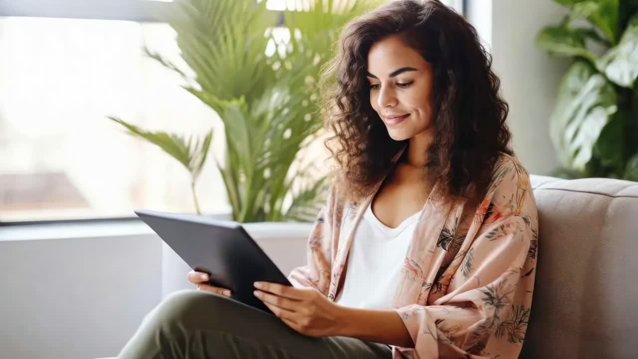 A woman in casual attire sits on a sofa, holding a tablet. The side angle captures her focused