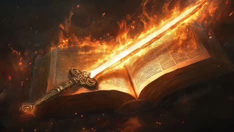 flaming sword and ancient book