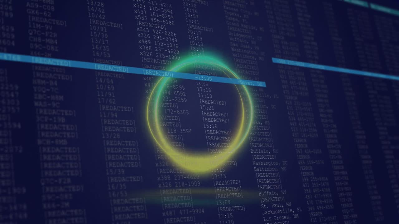 Animation of neon circle over data processing on navy background