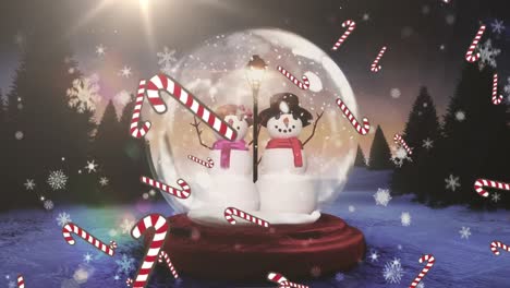 Animation-Von-Fallendem-Schnee-Und-Zuckerstangen-über-Schneeball-Und-Winterlandschaft