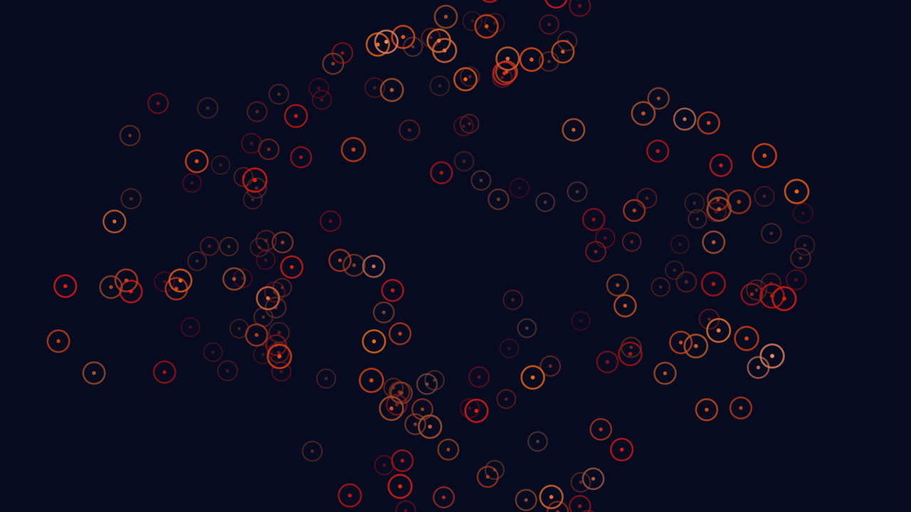 Abstract animation of glowing circles and rings drifting on a dark background, suggesting data points, network connections, technology interface, and digital communication