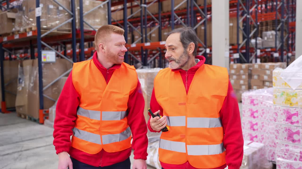 Personal de almacén con walkie-talkies