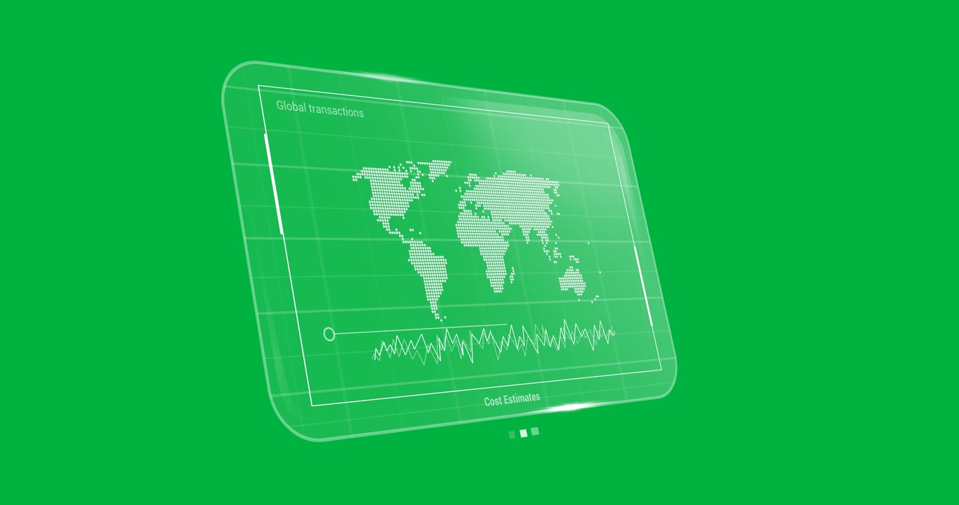 Animation of global transactions cost estimates text and world map on tablet, transparent background