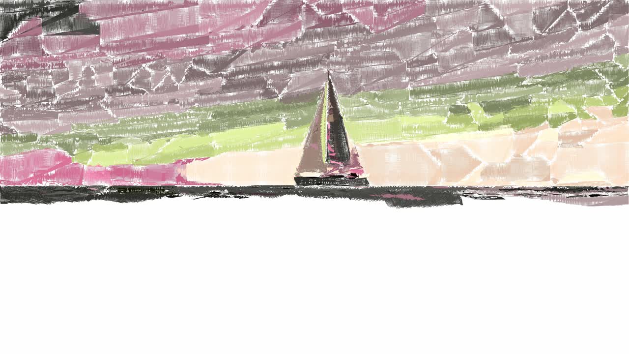 분홍색과 녹색 하늘이 있는 어두운 바다에서 항해하는 범선의 아름다운 그림 애니메이션