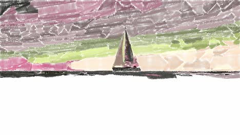 beautiful painting animation of sailboat sailing on dark ocean with pink and green sky