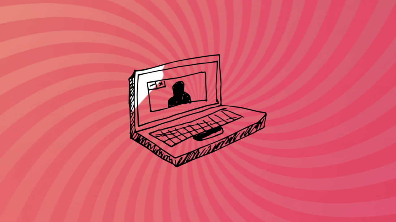 Laptop with video call animation over pink spiral background