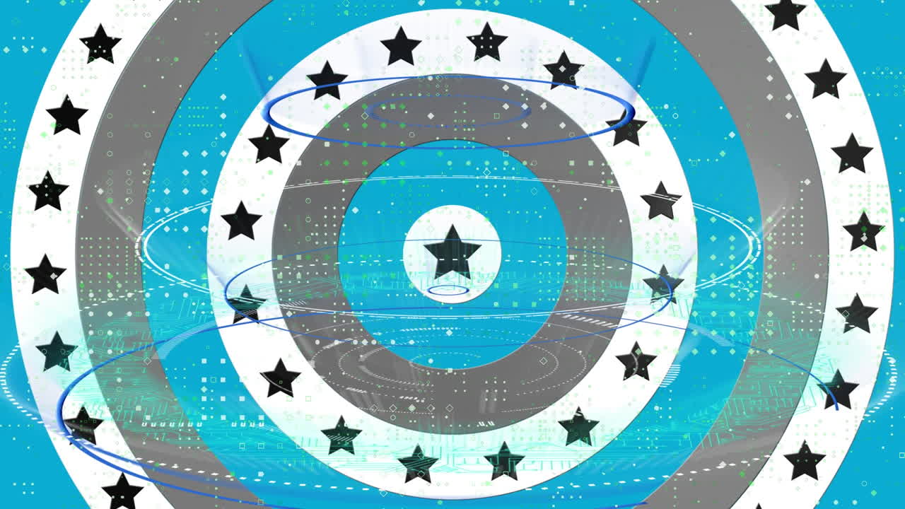 Dots pattern and round scanners over multiple stars on spinning circles against white background