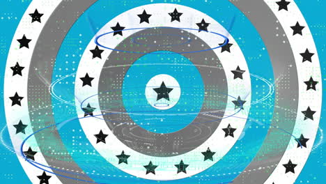 dots pattern and round scanners over multiple stars on spinning circles against white background