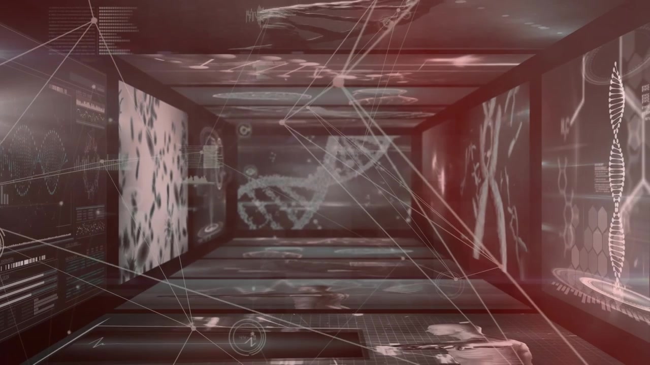 Corridoio di laboratorio medico digitale con visualizzazione di dati biologici e DNA