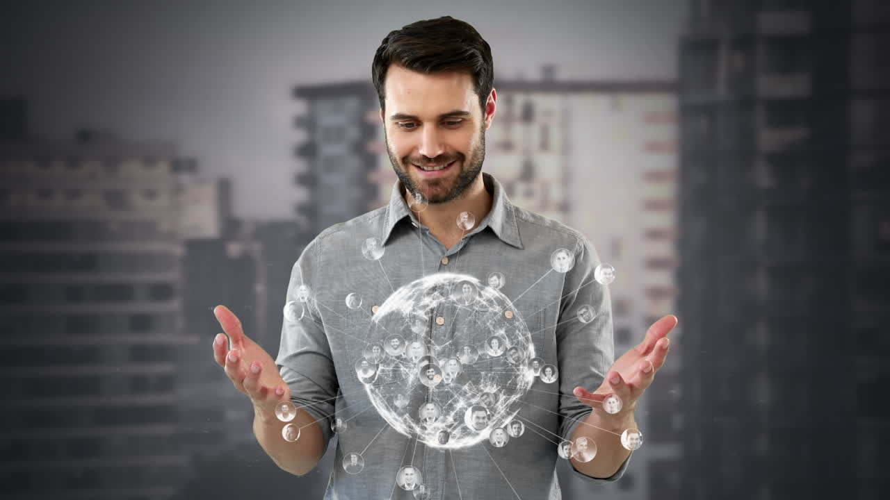 animación de girar el globo y el hombre contra el fondo de la ciudad