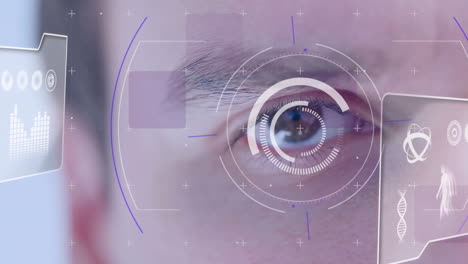 animación de procesamiento de datos y escaneo de alcance sobre el ojo del hombre caucásico