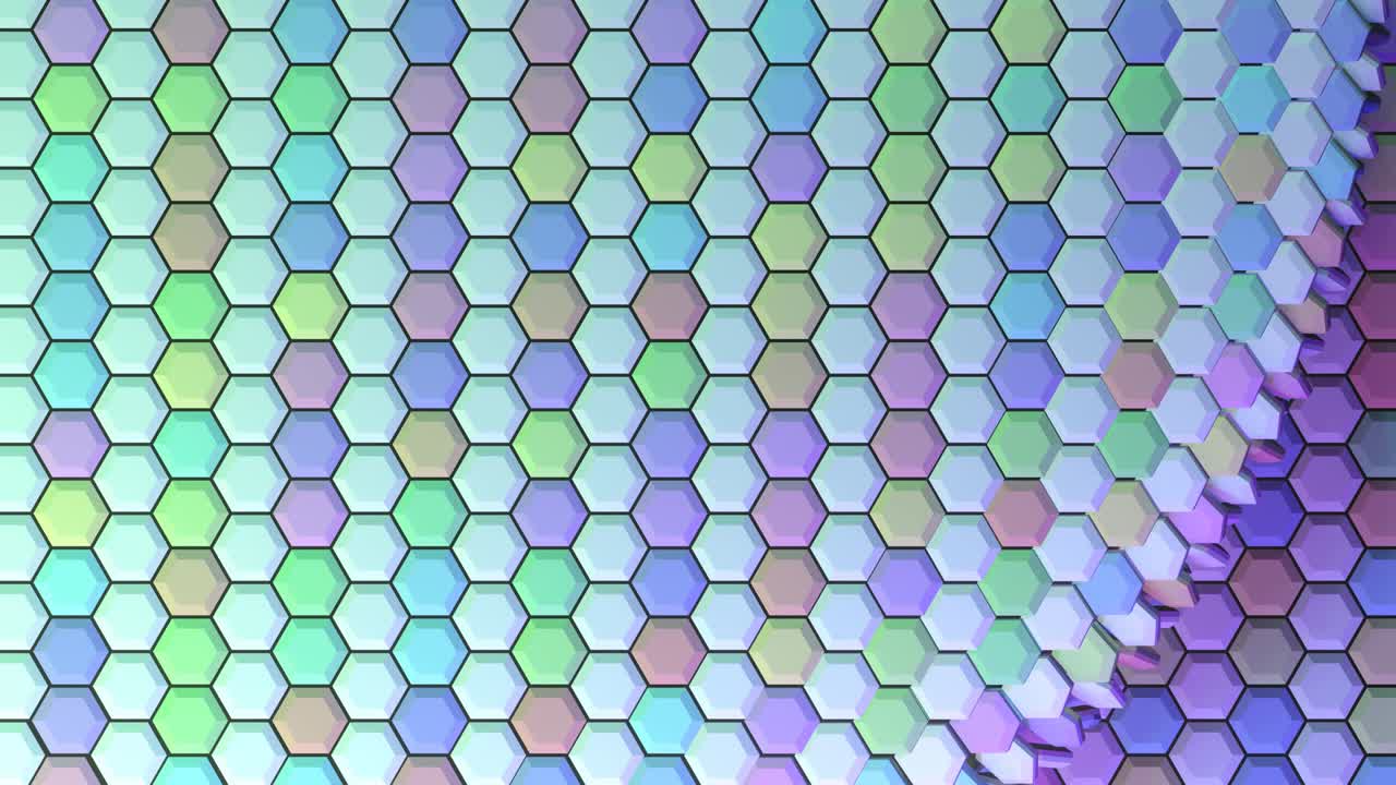bloques de hexágono artísticos y coloridos, efectos de transición, volando y cerrándose entre sí.