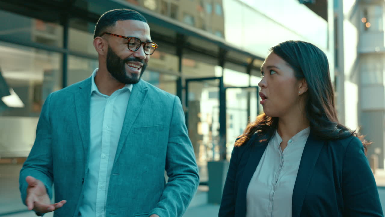 Discussion, city and happy business people walking