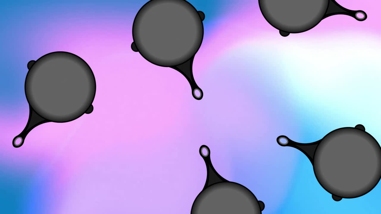 Animation of frying pans falling over purple background