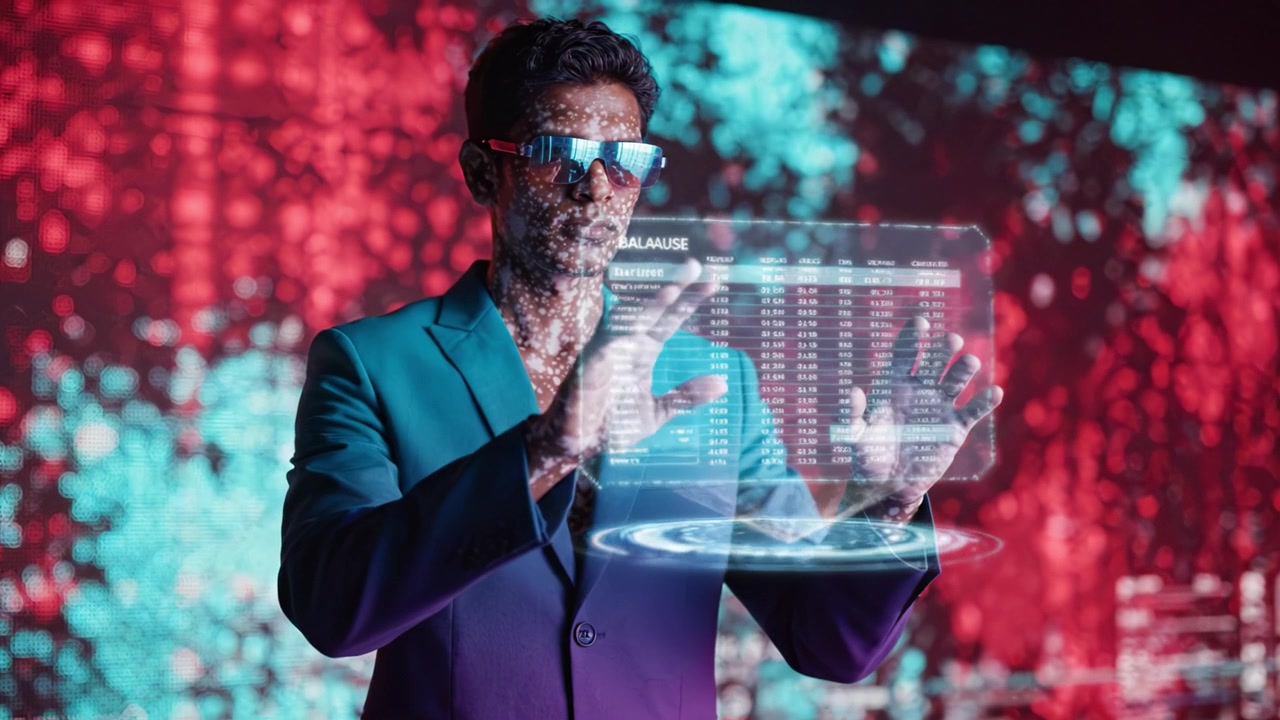 Eine futuristische Darstellung eines Mannes mit holografischen Projektionen auf seinem Körper, die eine Mischung aus Technologie, Datenvisualisierung und moderner Mode in einer lebendigen Umgebung zeigt