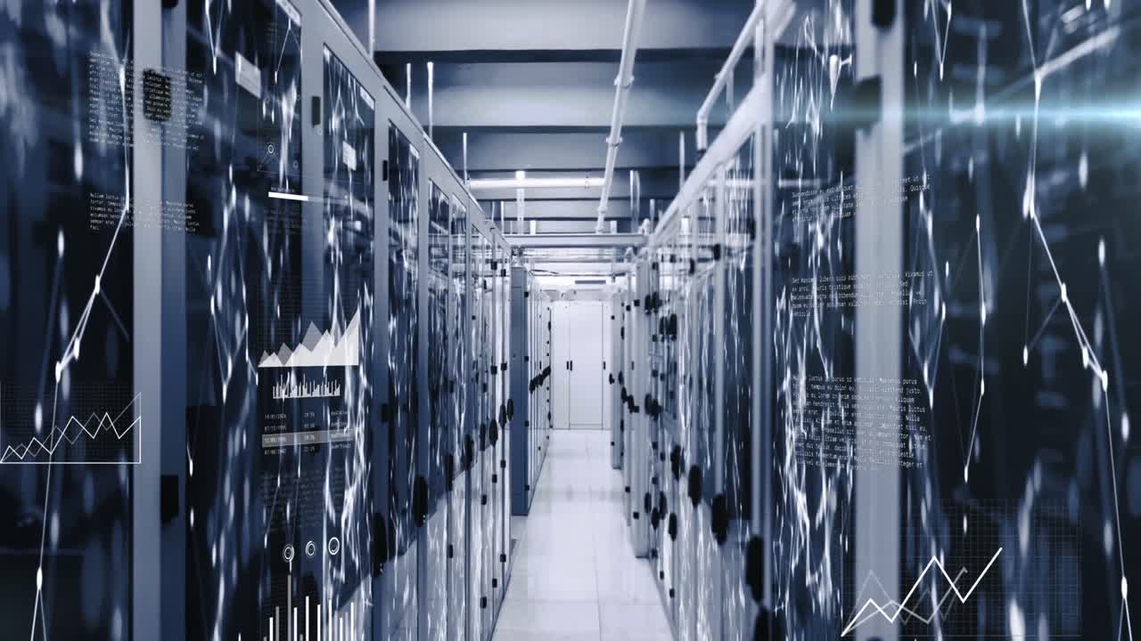 Animation of programming language, graphs and connected dots on data server racks
