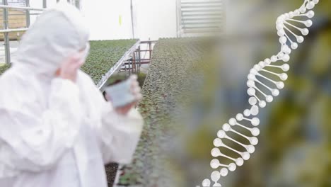 animación de la cadena de adn girando sobre el científico en el laboratorio