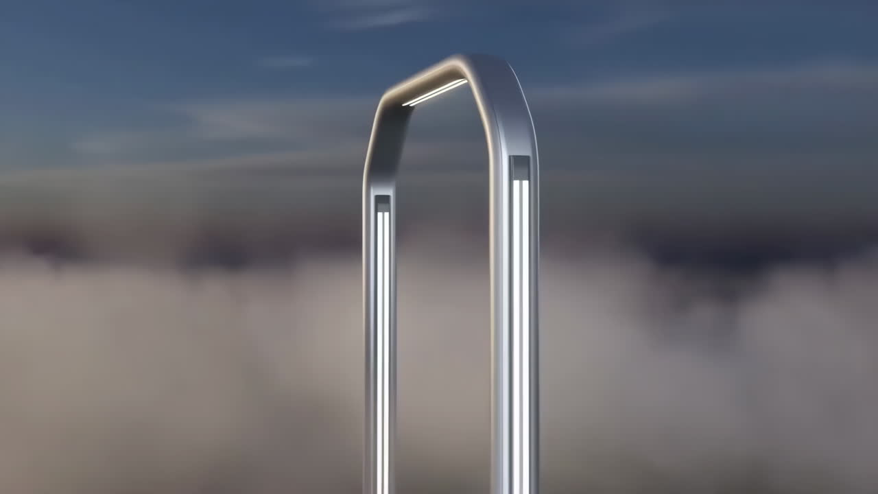 Futuristic Metallic Archway with Glowing Lights Against a Sky Background