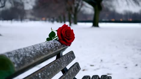 red rose on a park bench in winter