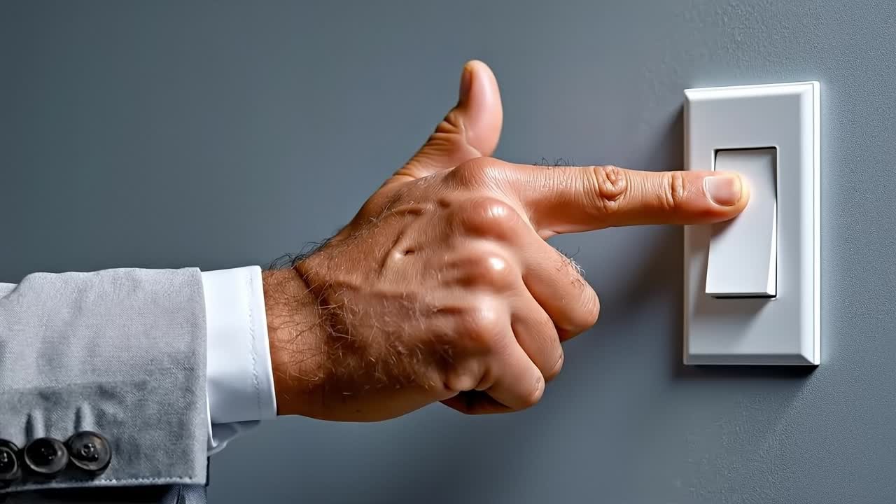 A man's hand pointing at a light switch