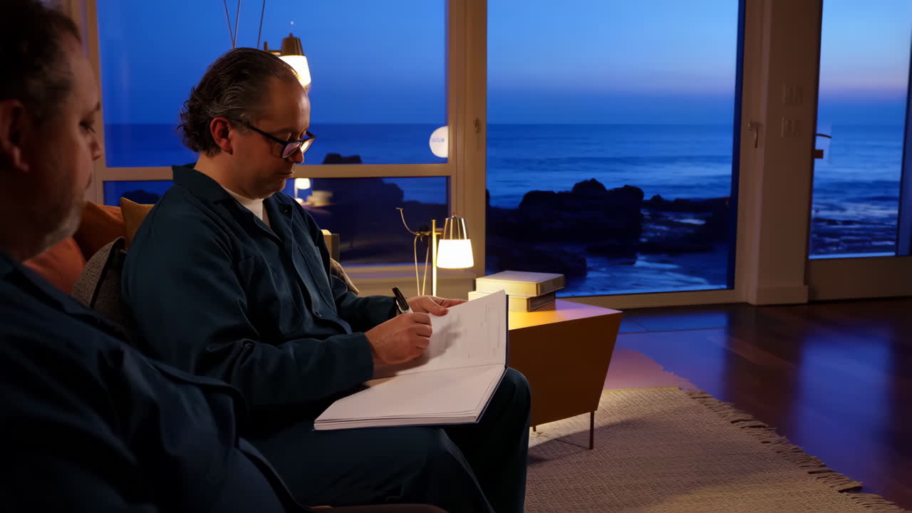 Man writing in a large book while sitting on a couch by a window overlooking the ocean at dusk