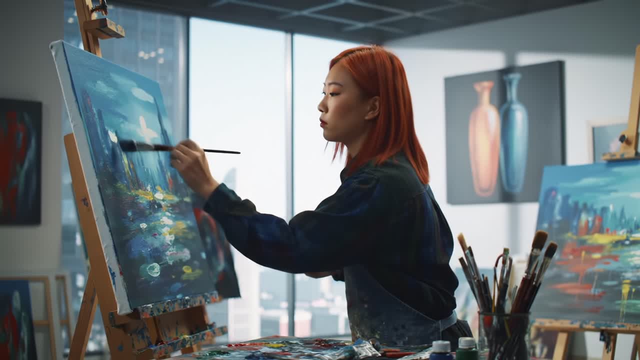 A Passionate Artist Focuses on Her Creative Vision While Painting a Vibrant Landscape Using Bright Colors and Detailed Brushwork in a Modern Art Studio Setting