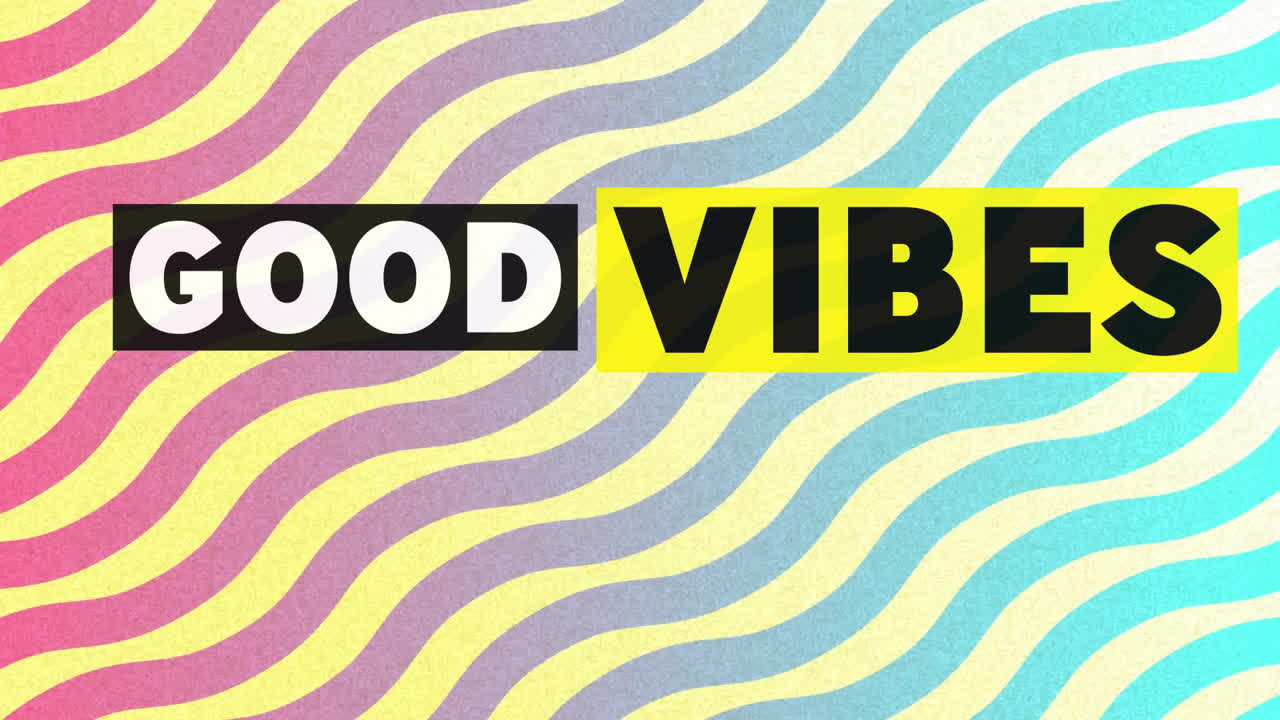 Animation of good vibes text over colourful lines on yellow background