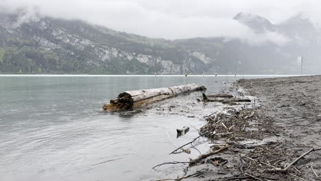 la costa serena del lago walensee embellecida por la lluvia llovizna, las nubes brumosas