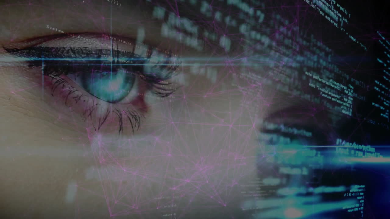primer plano del ojo con datos digitales y animación de conexiones de red sobre él