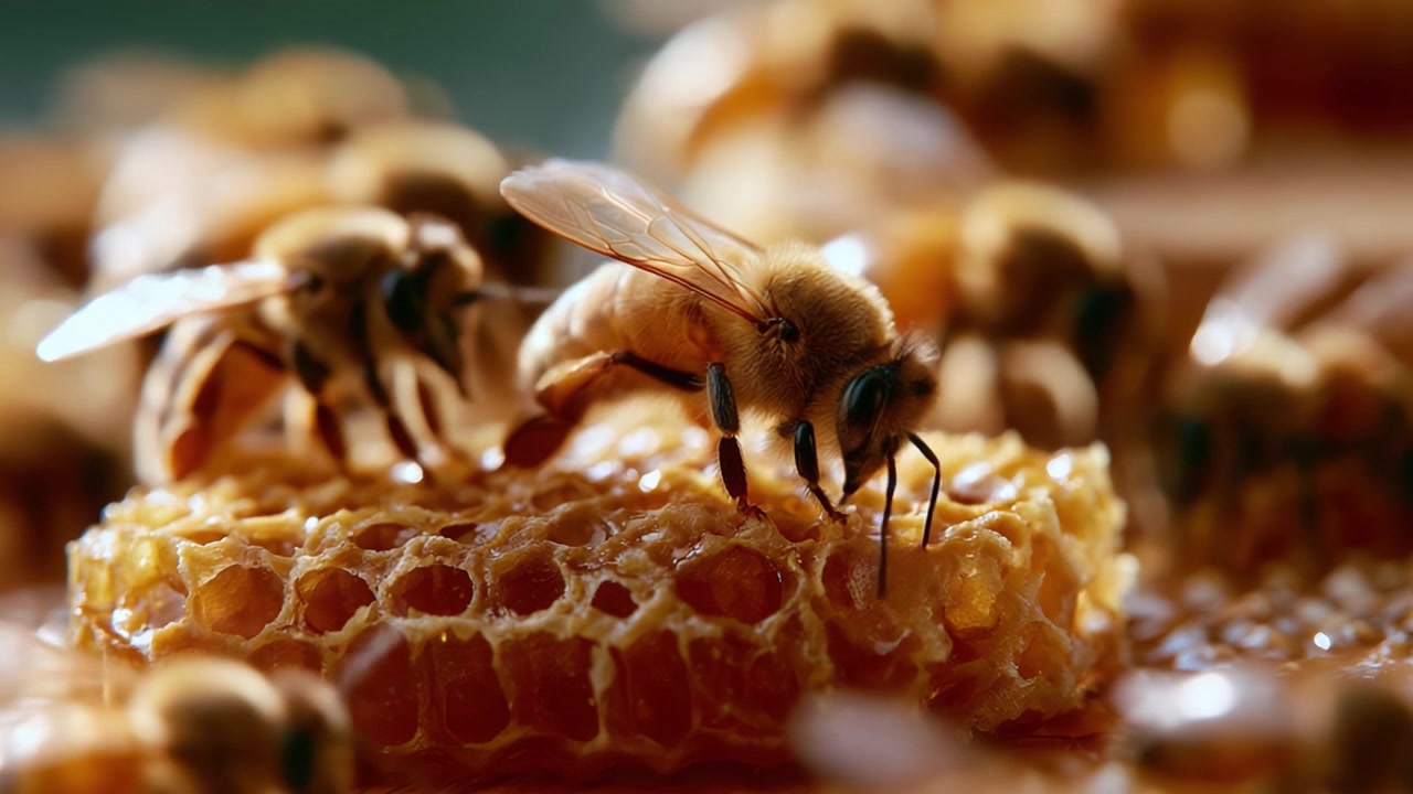 Primo piano di api mellifere che raccolgono nettare da un favo dorato, mostrando i dettagli intricati del loro lavoro in un ambiente naturale.