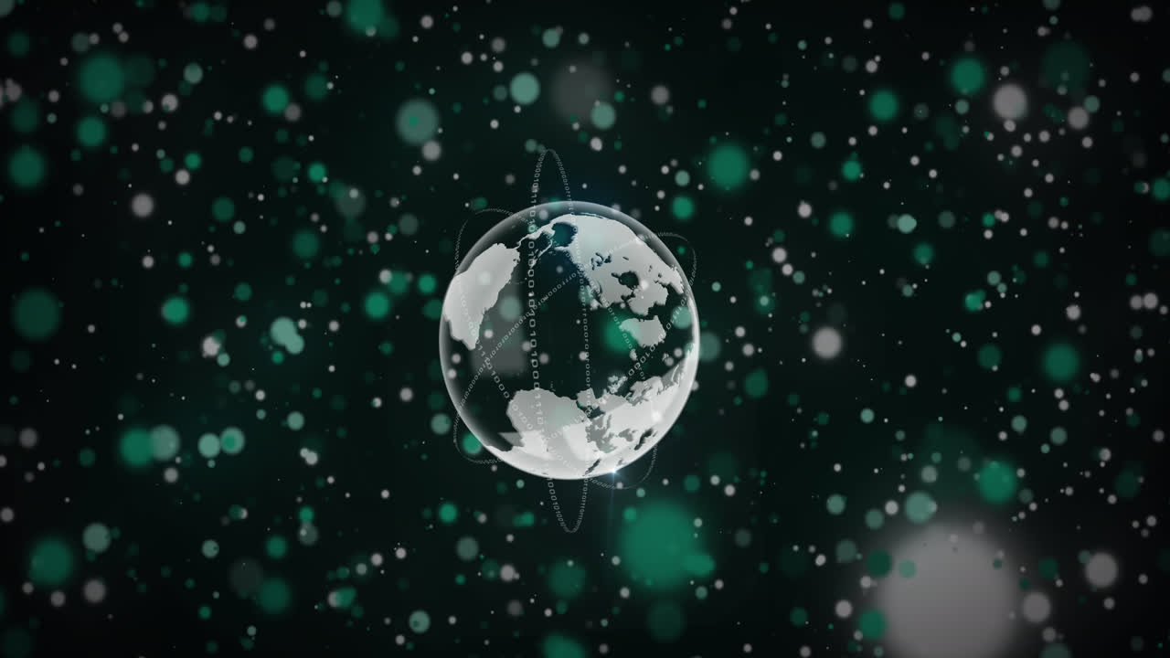 블랙 백그라운드에서 지구를 둘러싼 원을 형성하는 이진 코드와 함께 렌즈 플레어의 애니메이션