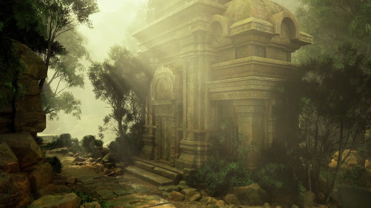 Ancient Temple Ruins in a Misty Forest