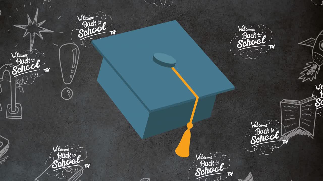 Animation of back to school text and school icons over board