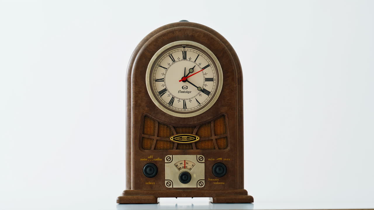Closeup retro clock standing at white background. classic decor placed