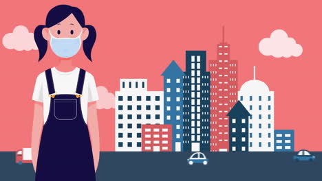 animación de una mujer con una máscara facial sobre el paisaje urbano