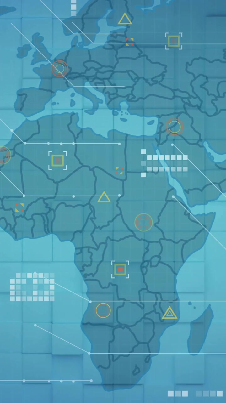 World map with data points and hexagonal patterns, data analysis animation